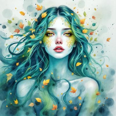 The primary subject of the image is a woman with long, flowing hair. She is wearing a green dress and has a unique, artistic appearance. The setting is a background of leaves and flowers, creating a vibrant and lively atmosphere. The visual style is a combination of digital art and illustration, with the woman's face and hair being the focal point of the image. The colors and mood are predominantly green and blue, giving the image a serene and calming feel.
